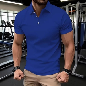 Royal blue men's slim fit polo shirt with white buttons and classic collar in gym setting