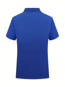 Back view of a royal blue short sleeve polo shirt featuring classic pique mesh fabric