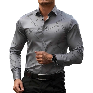 Men's slim-fit long sleeve shirt featuring a grey 3D geometric pattern and lapel collar