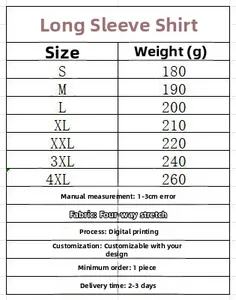 Size chart table for long sleeve shirt showing weight and dimensions for S to 4XL sizes