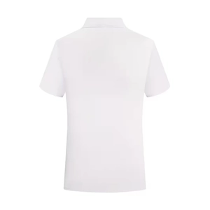 Back view of a minimalist white short sleeve men's polo shirt with classic collar