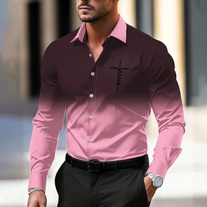 Men Fashion Gradient Long Sleeve Shirt Jesus Cross Letter Print Slim Fit Casual Beach Vacation Holiday Stylish Shirt Tops