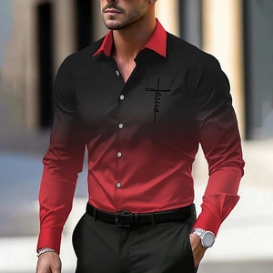 Men's fashion long sleeve shirt with black to red gradient and Jesus cross print