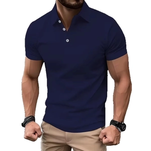 Men's slim fit navy short sleeve polo shirt with white buttons and khaki pants