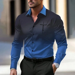 Men's blue-black gradient long sleeve shirt with Jesus print and cross design