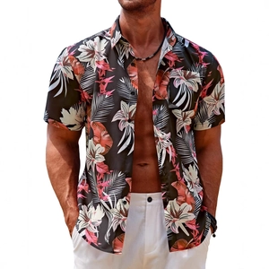 Men's tropical floral beach shirt with pink lily and orange leaf print on black fabric
