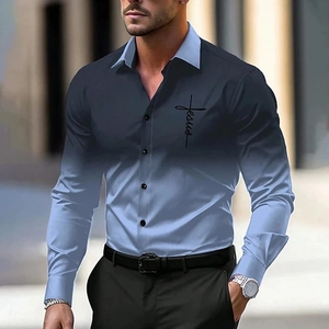 Men's slim long sleeve shirt with grey to sky blue gradient and Jesus print