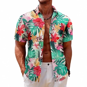 Men's short sleeve Hawaiian shirt with tropical floral and monstera leaf print