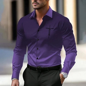 Slim fit men's long sleeve shirt in deep purple with artistic Jesus print design