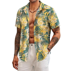 Men's tropical palm leaf print short sleeve beach shirt with yellow and green patterns
