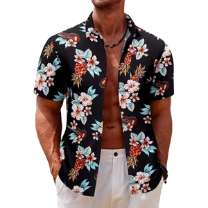 Men's tropical Hawaiian beach shirt with pineapple and ukulele print in black