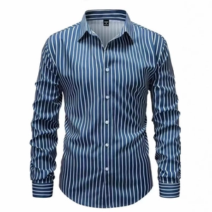 Men's slim fit long sleeve navy blue shirt with thin white vertical stripes in 3D digital print