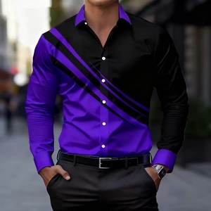 Detail of a slim fit long sleeve shirt with modern black and purple geometric print design