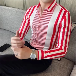 Chemise à Manches Longues à Rayures pour Hommes Coupe Ajustée Impression Numérique 3D Patchwork Revers Business Satin Mode Top