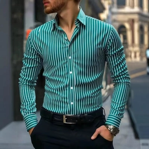 Slim fit long sleeve shirt with vibrant green and white vertical stripes for men