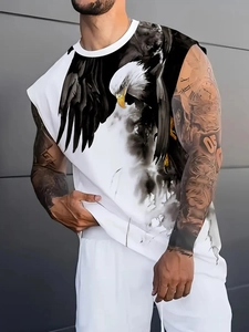 Detail of men's white sleeveless gym tank top with large 3D eagle print on high-quality fabric