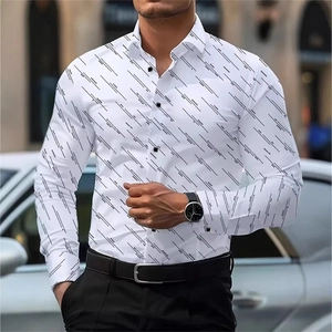 Men's Long Sleeve Casual Shirt Slim Fit Geometric Dotted Line Print Turndown Collar Button Up Tops Polyester Business Shirt
