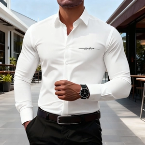 Men's Casual Digital Print Long Sleeve Shirt Slim Fit Stand Collar Four-Way Stretch Los Angeles Letter Print Fashion Shirt