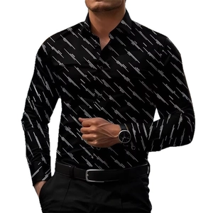 Slim fit men's long sleeve shirt with white geometric patterns on black background