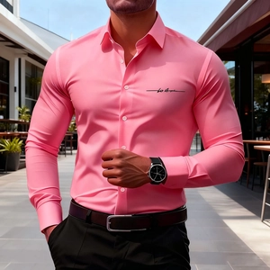 Men's slim-fit pink long sleeve shirt with Los Angeles print in urban street setting