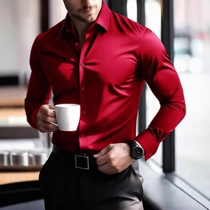 Detailed view of red slim fit long sleeve shirt with premium satin finish and metal buttons