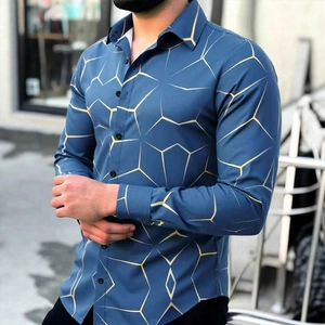 Chemise Décontractée pour Hommes Imprimé Lignes Géométriques 3D Manches Longues Mode Coupe Cintrée Col Revers Haut Streetwear