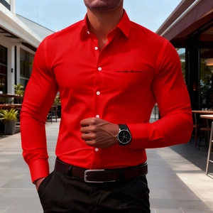 Detail of red slim-fit men shirt with white buttons and black Los Angeles chest print