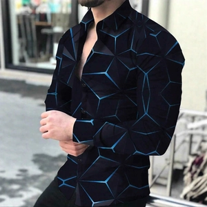 Chemise homme coupe ajustée à manches longues avec imprimé cubes 3D bleu sur noir