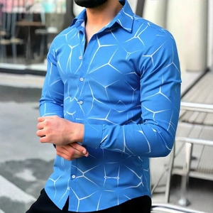Chemise homme coupe ajustée à manches longues bleu roi avec imprimé géométrique blanc