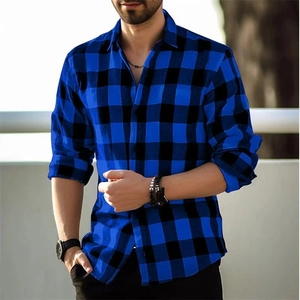 Men's casual long sleeve plaid shirt in blue and black buffalo check pattern outdoors