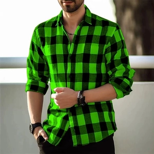 Detail showing green and black checkered pattern on men's long-sleeve casual shirt