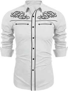 Close-up of Western style black floral embroidery on the shoulders of a white shirt