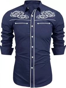 Detail of dark blue Western shirt featuring white embroidery and piping on the chest
