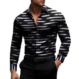 Men's slim fit long sleeve shirt with horizontal gradient stripe print in black and silver