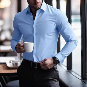 Close-up of light blue slim-fit shirt with a classic collar and smooth stretch fabric