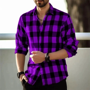Detailed macro shot of the purple and black buffalo plaid pattern on a men's casual shirt