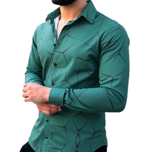 Chemise ajustée à manches longues pour hommes avec motifs géométriques 3D vert foncé et col