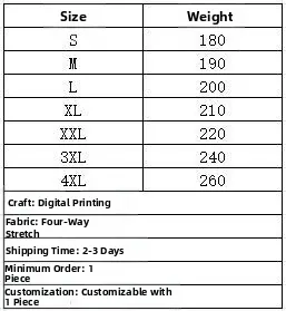 Tabella taglie dalla S alla 4XL con pesi per camicie a stampa digitale