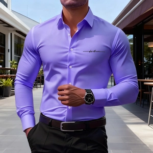 Detail of slim fit purple long sleeve shirt with Los Angeles cursive embroidery