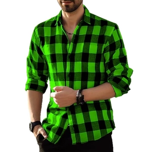 Men's green and black buffalo plaid long sleeve shirt with classic lapel collar
