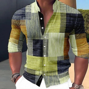 Men's slim long sleeve shirt with geometric 3D print pattern and lapel collar casual style