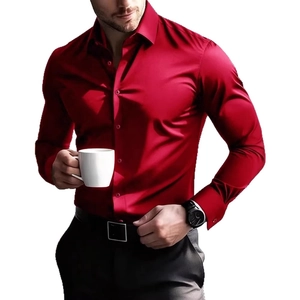 Men's slim fit long sleeve shirt in deep burgundy satin with a stylish polo collar