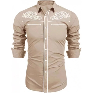 Men's khaki slim fit long sleeve shirt with western style embroidery and white piping