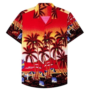 Men's slim fit short sleeve Hawaiian beach shirt with tropical sunset palm tree print