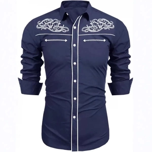 Men's navy long sleeve western shirt with white floral embroidery on shoulders and trim