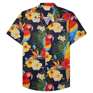 Men's slim fit summer beach shirt with vibrant 3D tropical parrot and floral print