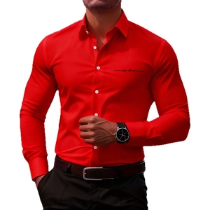 Red slim fit long sleeve men shirt with Los Angeles print and white buttons