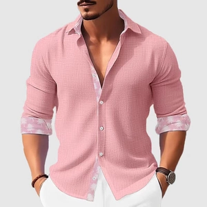 Pink long-sleeve cotton-linen shirt for men with white coconut palm print details
