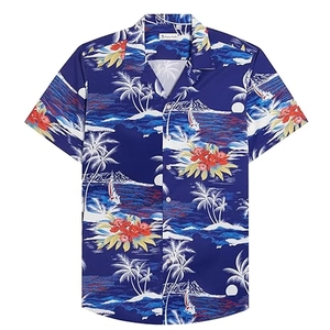 Men's tropical Hawaiian shirt featuring coconut trees, hibiscus flowers and sailboats
