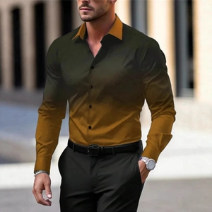 Men's slim fit long sleeve shirt featuring a vertical green to gold gradient digital print